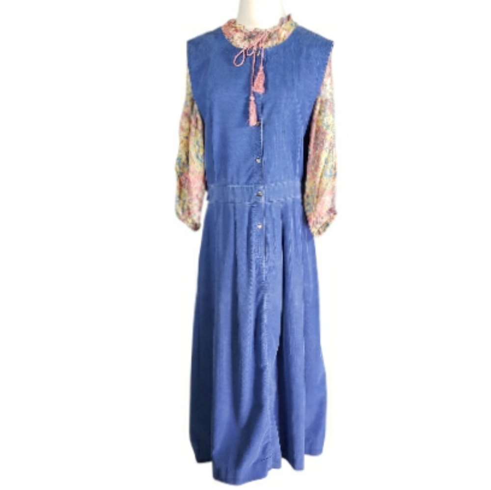 LL Bean Vintage Blue Corduroy Pinafore Jumper Midi Dress Cottagecore USA Sz 20
